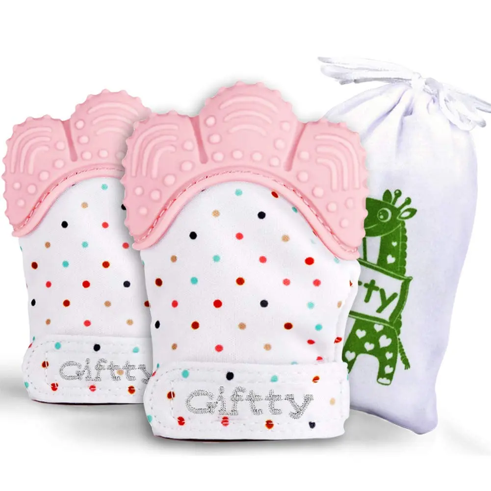 2 Pack Pink Baby Teething Mitts, Double-Layer Breathable Self-Soothing Silicone Teether Gloves, Pain Relief Teething Toy for Infants 3-12 Months Unisex