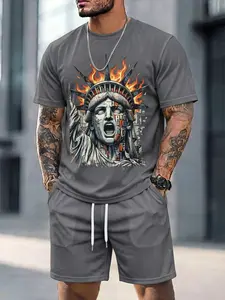 Men's Vintage Crack Text Statue Of Liberty 2 Piece Matching Set, Minimal Patriotic Mesh Tracksuit, Quick Dry Breathable Shorts Set, Miami Vacation Outfit