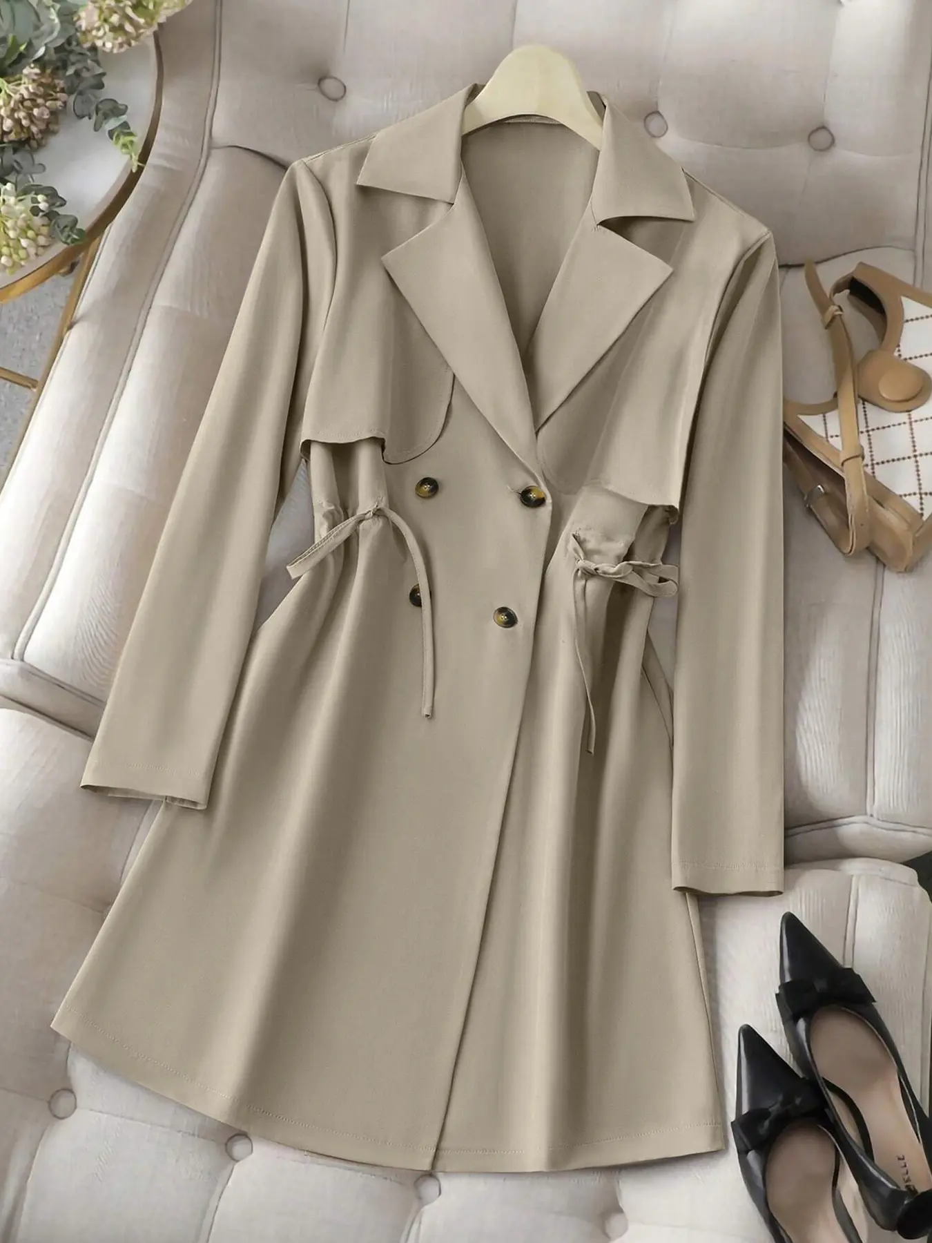 Women's Trench Coat Style Mini Dress Double Breasted Notched Lapel Side Tie Adjustable Waist Long Sleeve Flared Hem Elegant Classy Flattering Formal Office Wear Trendy Chic Aesthetic Style Perfect for Daily Wear