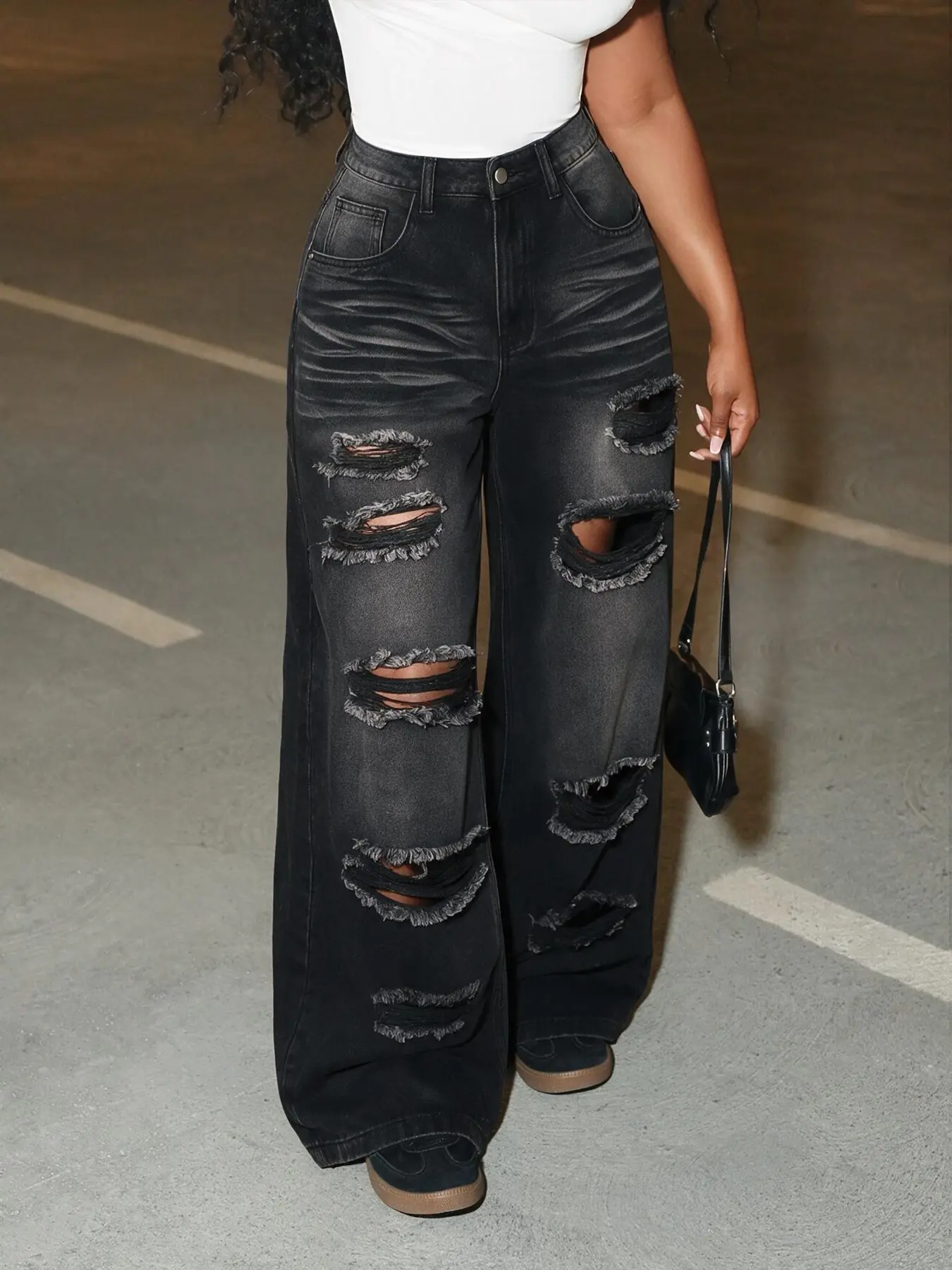 High Waisted Wide Leg Jeans Women Black Washed Distressed Ripped Frayed Hem Whisker Fade Baggy Palazzo Puddle Jeans Y2K Grunge Streetwear Edgy Baddie Casual Everyday Going Out Night Out Festival Weekend Holiday Party  (Excluding belts and accessories)