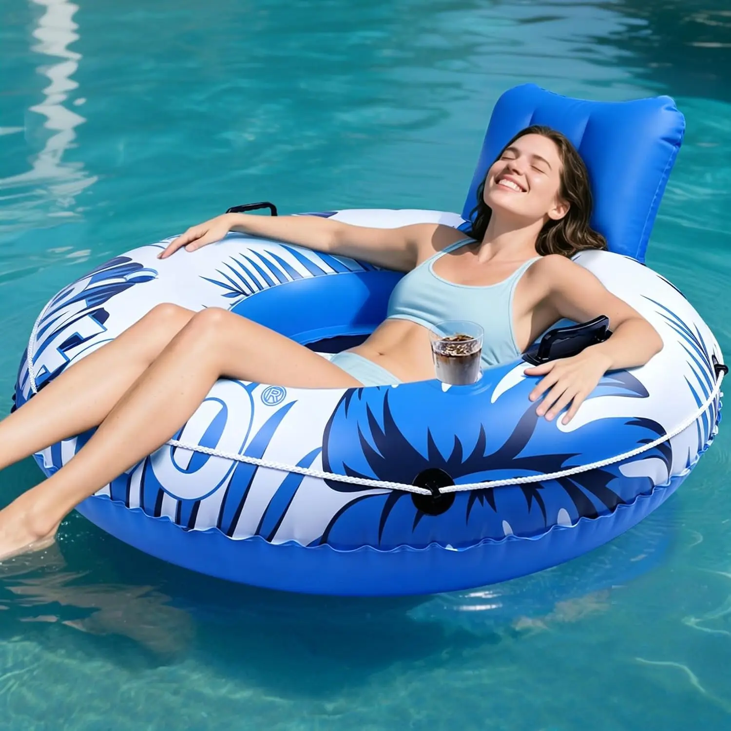 53-inch Inflatable River Tube Float for Adults – Heavy Duty Pool Float with Mesh Bottom, Comfortable Backrest, Cup Holders, 450 lbs Capacity, Perfect for Lake Beach Rafting
