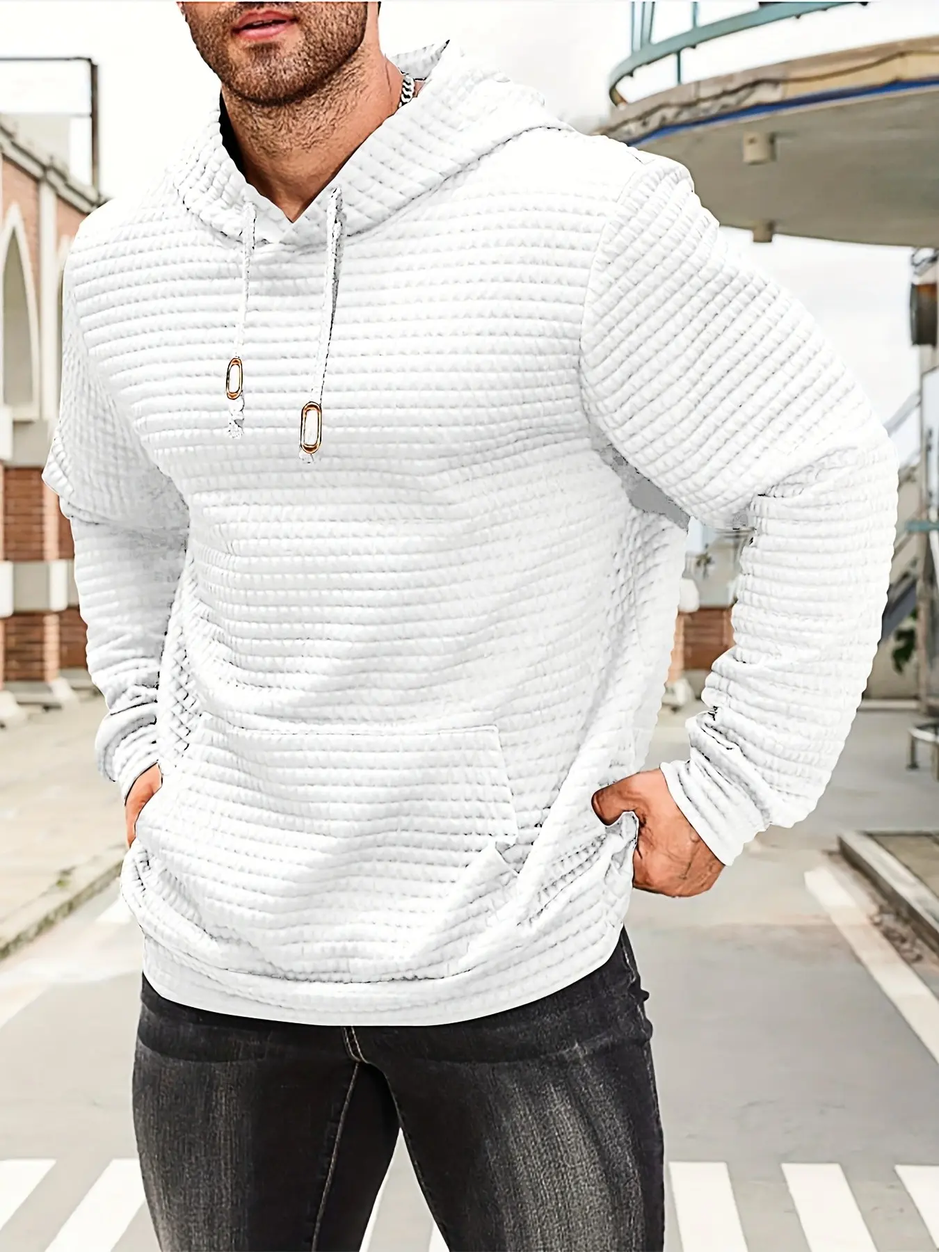 Men's Waffle Knit Hoodie, Long Sleeve Pullover with Pocket and Drawstring, Casual Streetwear for Fall Winter, Daily Wear Top