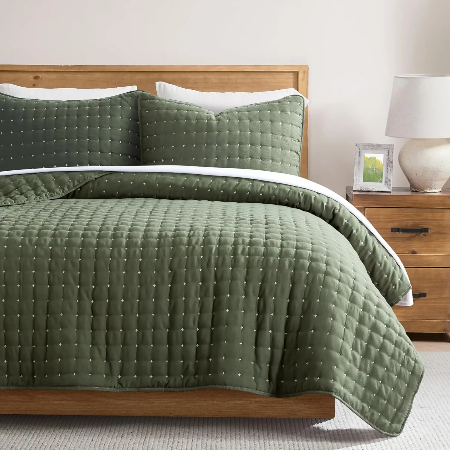Queen Size Bedding Sets with 2 Pillow Shams, Lightweight Soft Bedspread Coverlet, Quilted Blanket Thin Comforter Bed Cover for All Season, 3 Pieces, 90x90 inches, Moss Green
