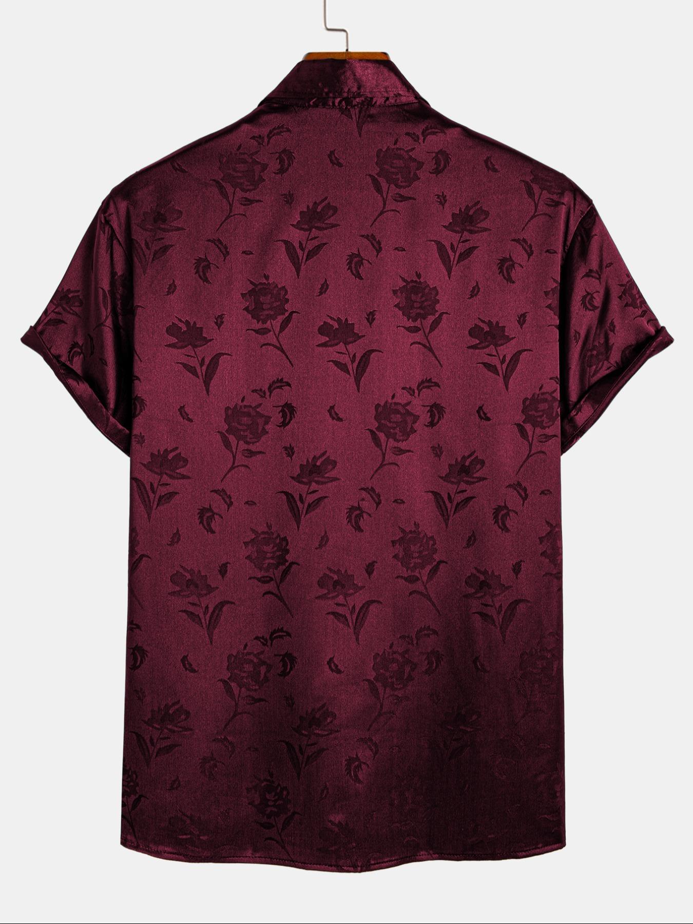 Men's Rose Print Jacquard Shirt, Regular Fit Short Sleeve Collared Top for Summer, Fashion Men's Clothes for Daily Wear, Casual Stylish Menswear