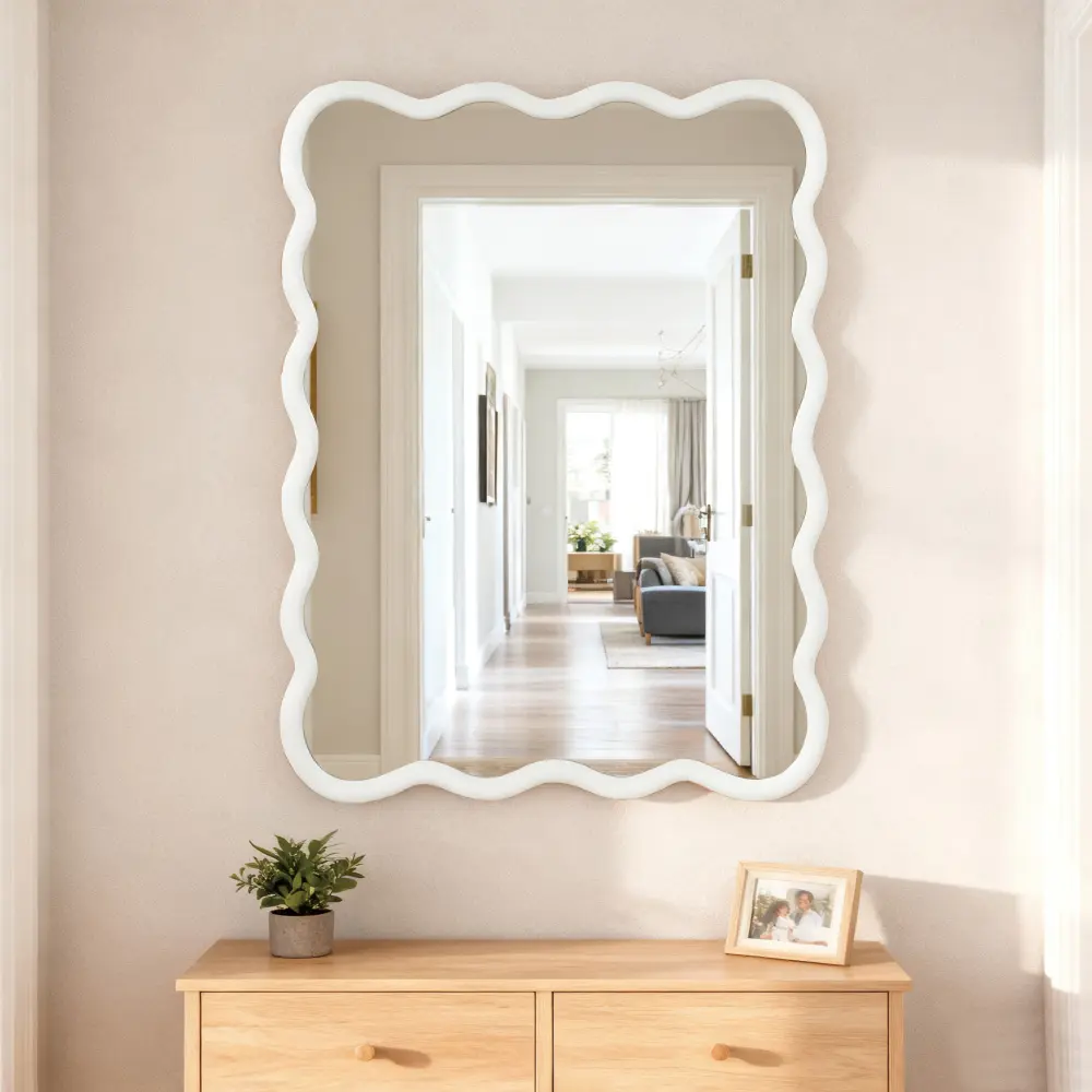 Littleox White 30"x40" Wavy Rectangle Solid Wood Frame Decorative Mirror,For Bedroom, Bathroom, Living Room, Entryway