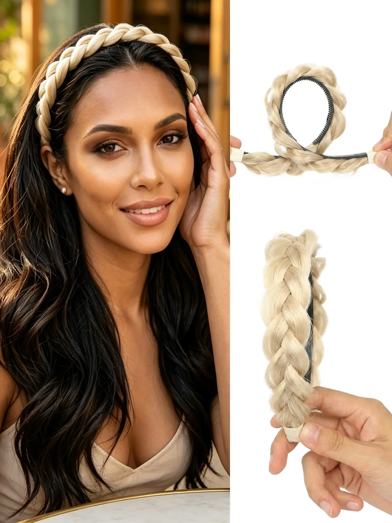 14-inch women's messy braided hair band. White-golden fashionable double-strand braided wig band, with anti-slip comb design, high toughness, easy to wear, perfectly suitable for parties, festivals and Halloween and other occasions.