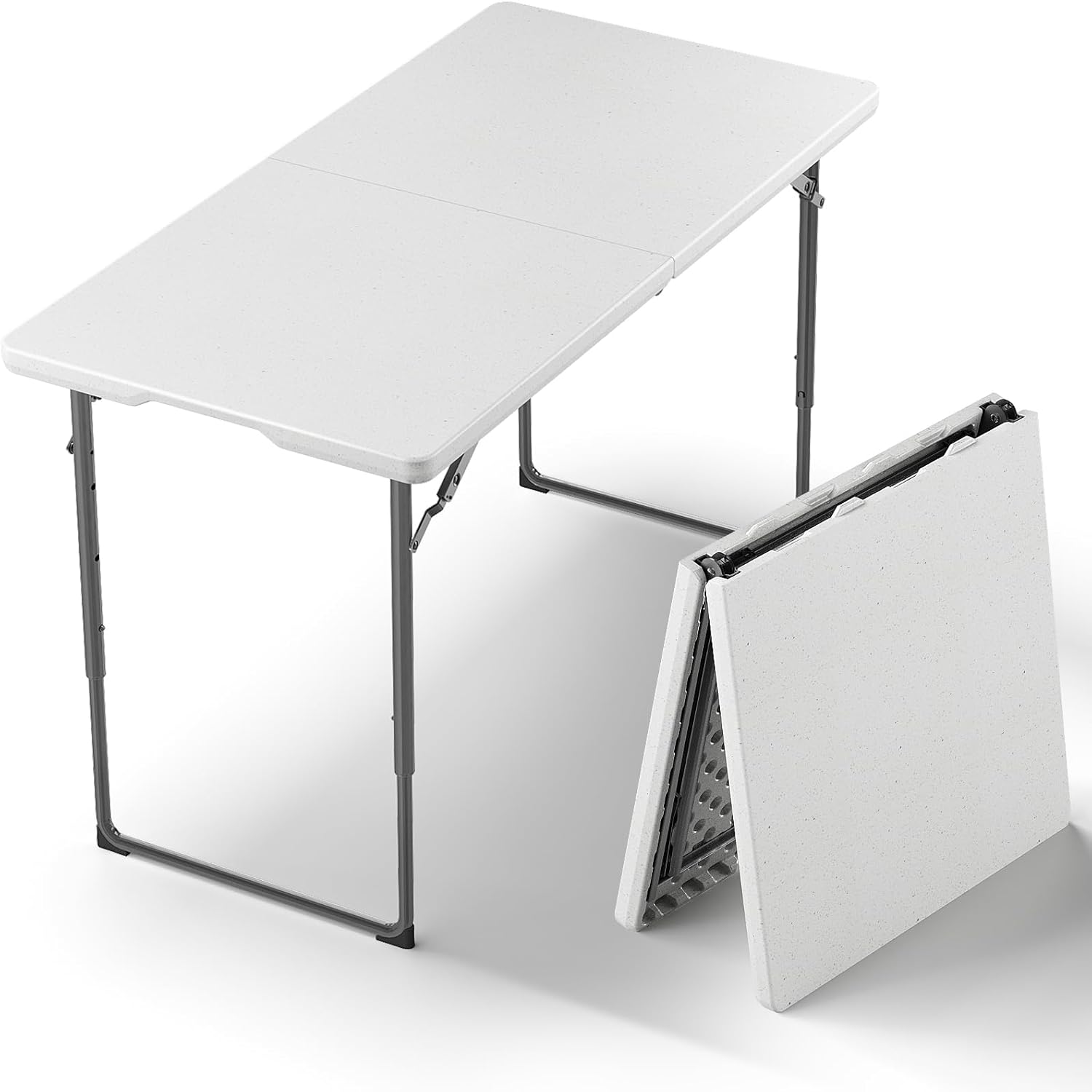 Folding Table, 4FT Foldable Picnic Table with Adjustable Height, Heavy Duty Fold-in-Half Portable Table for Weddings, Camping, RV Travel, Parties, BBQs, and Indoor Use, Easy to Fold and Store