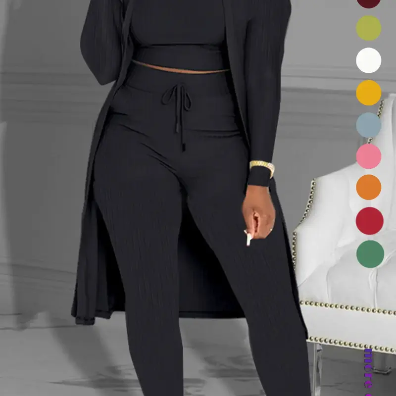 Women's Plain Knitting Long Sleeve Open Front Cardigan & Tie Front Leggings & Sleeveless Cropped Top Co-ord Set, Fashion Pants Set, Casual Cozy Fitted Chic Elegant Women's Lady Outfits Clothes for Fall Womenswear, Fitted Clothing Set