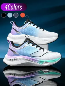 Men's 4 Colors Gradient Luminous Running Shoes, Line Print Breathable Mesh, Carbon Plate Support Street Casual Sneakers