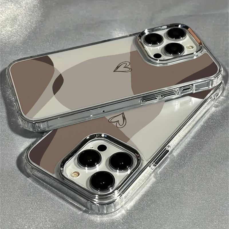 Phone case suitable for iPhone 17, 16 Pro Max, 15 Plus, 14, 13, 12 series. This trendy and creative luxury transparent brown heart-shaped phone case features an electroplated lens design