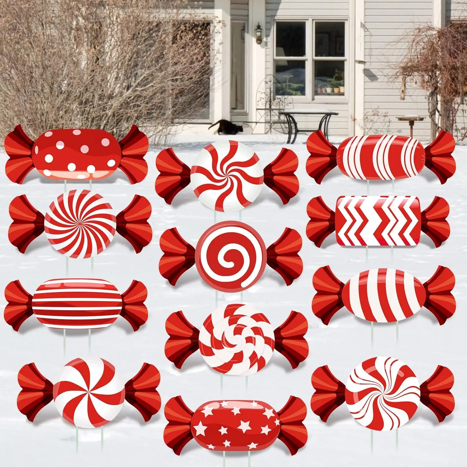 12 Pcs Christmas Candy Lawn Yard Sign Stakes, Waterproof Corrugated Cardboard, Holiday Garden Decor, Xmas Yard Decorations, Pathway Walkway Decor
