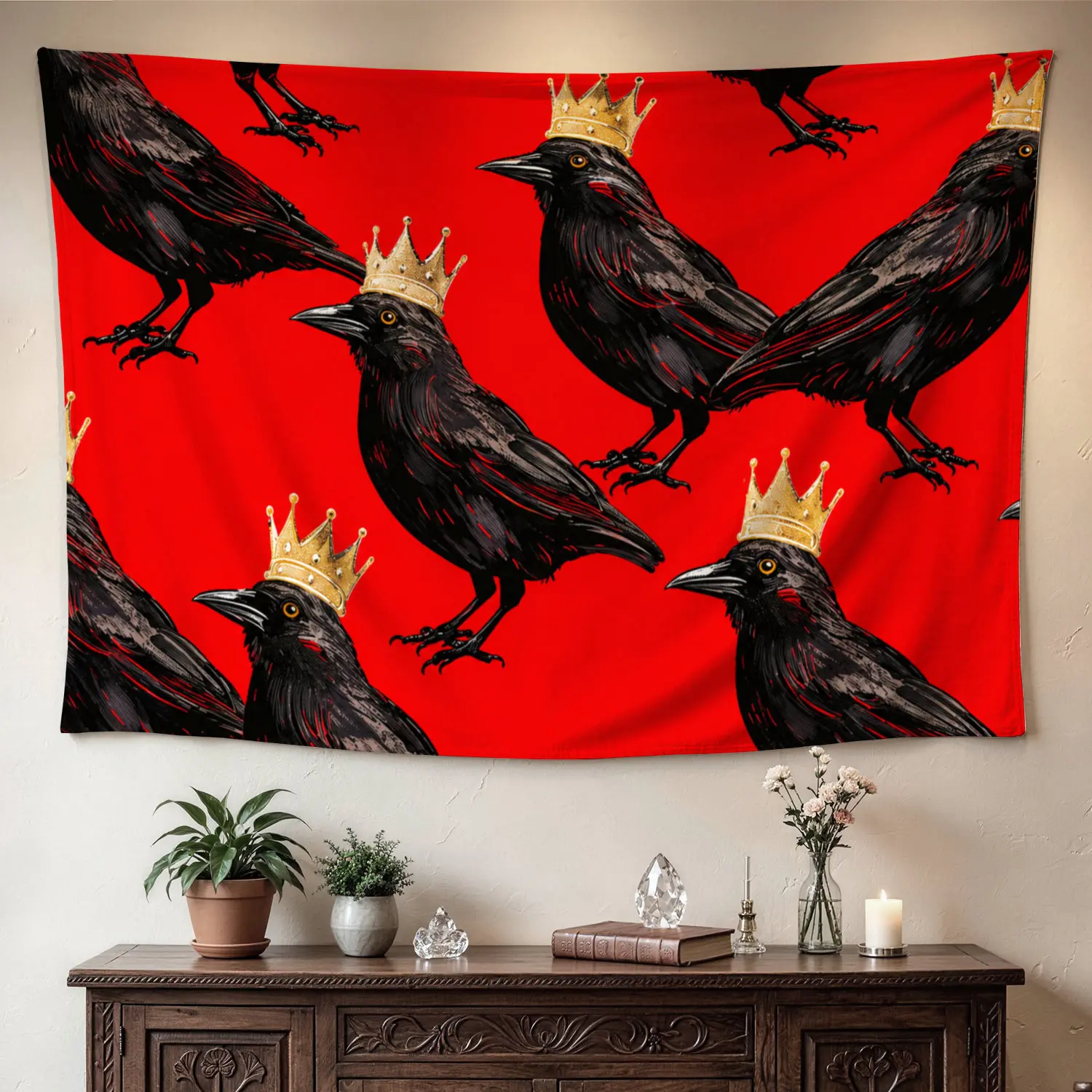 Vintage Royal Crow Crown Polyester Tapestry with Red Background - Large Horizontal Printed Hangable Artwork, Sustainable Synthetic Fabric, No Installation, Durable, Comfortable, High Color Fastness, Cold Wash, Living Room Home Decor, Family Holiday Gift,
