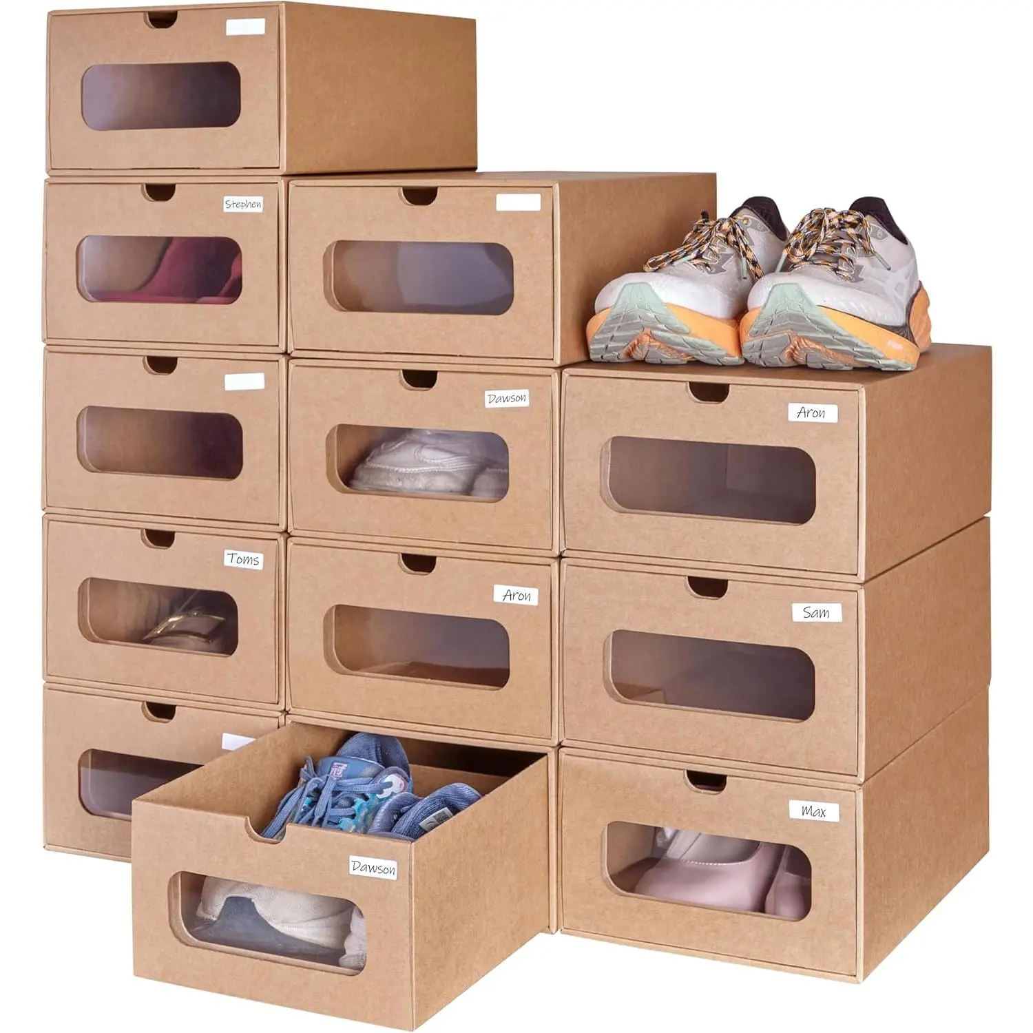 12 Pack Shoe Storage Bins,  Storage Boxes, Shoe Containers For Sneaker Display, Hat Organizer, Stack-able Cardboard Boxes, with Marking Labels, Transparent Window(13.2'' x 8.3'' x 5.1'')