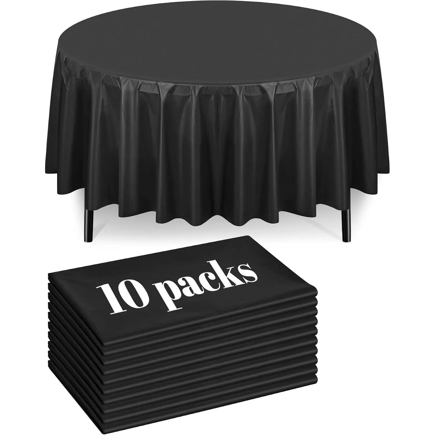 10 Pack Black Plastic Table Cloth Disposable for Round Tables, 96 Inch Round Disposable Plastic Tablecloth for Parties, Picnic, Birthday, Wedding, Indoors, Outdoor, Table Cover