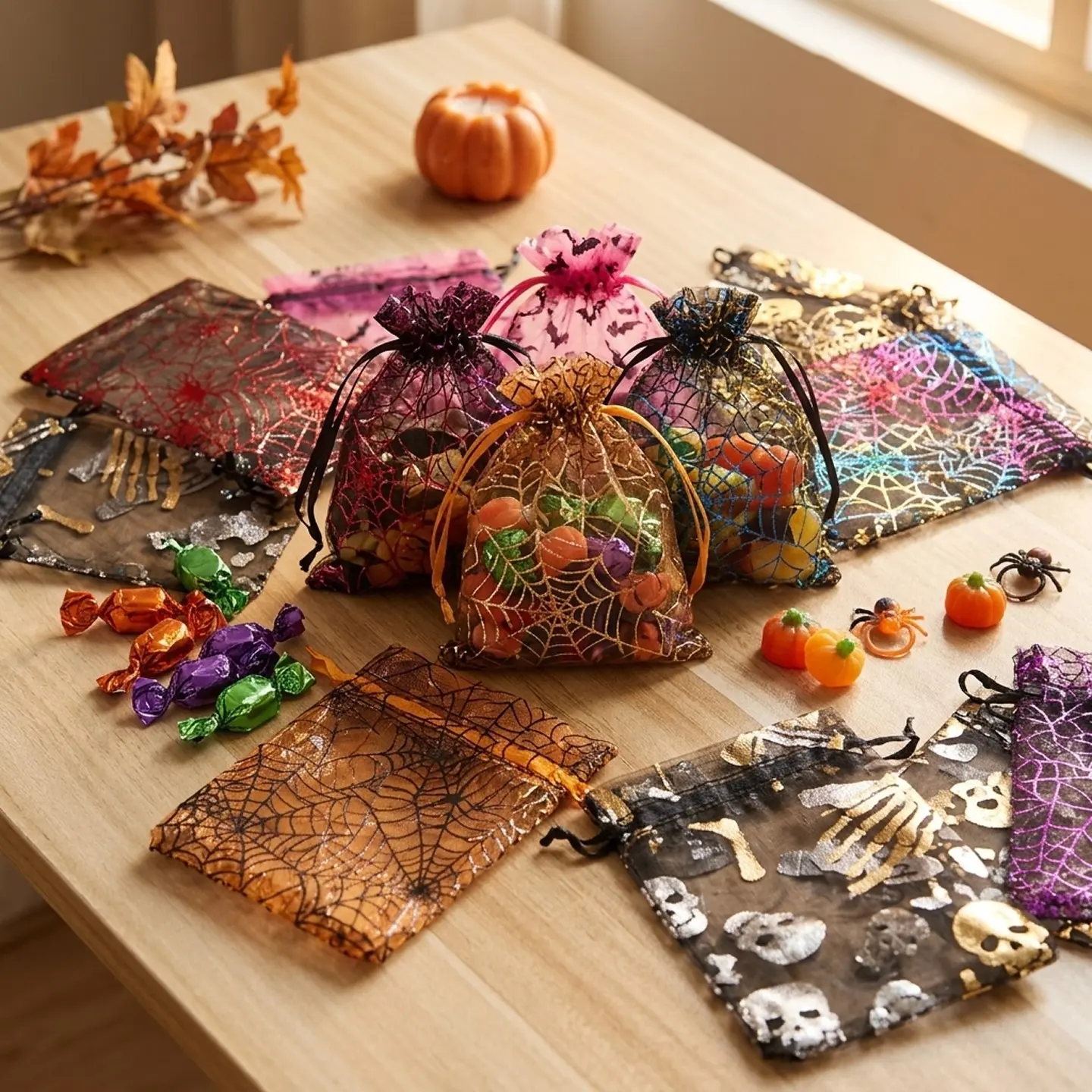 Halloween Gift Bags, Transparent Candy Pouches with Foil Spider Web Ghost Skull Bat Design, Spooky, Durable Party Classroom Home Store Packaging
