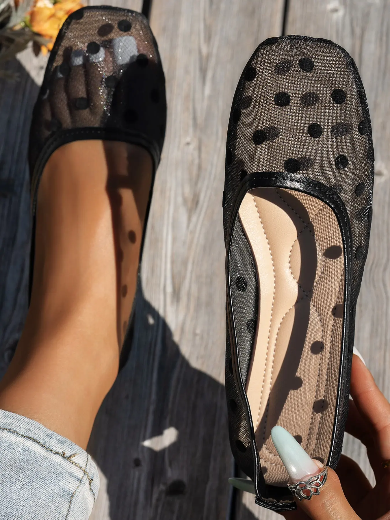 Dot Square Toe Mary Jane Shoes, Korean Sweet Style French Flat Shoes Square Toe Ballet Flats, Student Daily Commute Slip-On Women's Shoes, Elegant All-Season Footwear