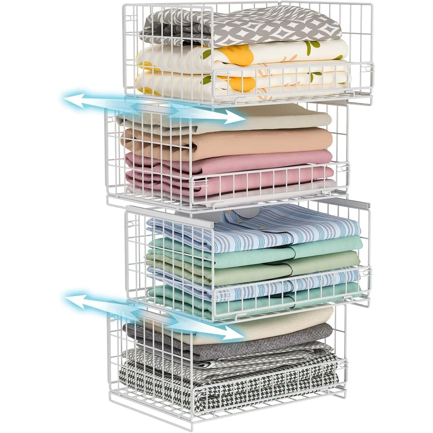 4-Tier Sliding Closet Organizers and Storage Shelves, Stackable Closet Shelf Organizer Basket Bins, Drawer Shelf Storage Container for Wardrobe Cupboard Kitchen Bathroom Office, White