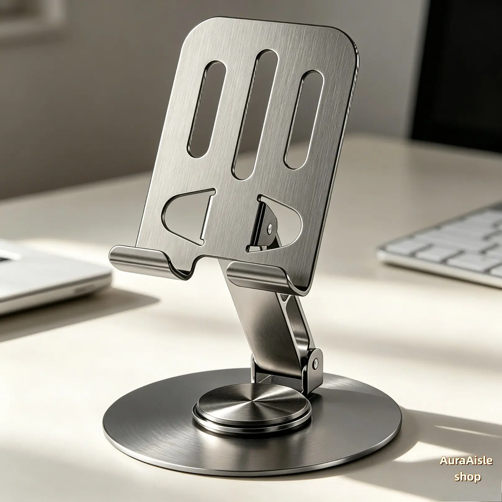 360° Rotatable Foldable Steel Round Phone & Tablet Mount, Height-Angle Adjustable Desktop Holder with Hollow Heat Dissipation, Sturdy Anti-Slip Portable Accessories for Office, Travel Use