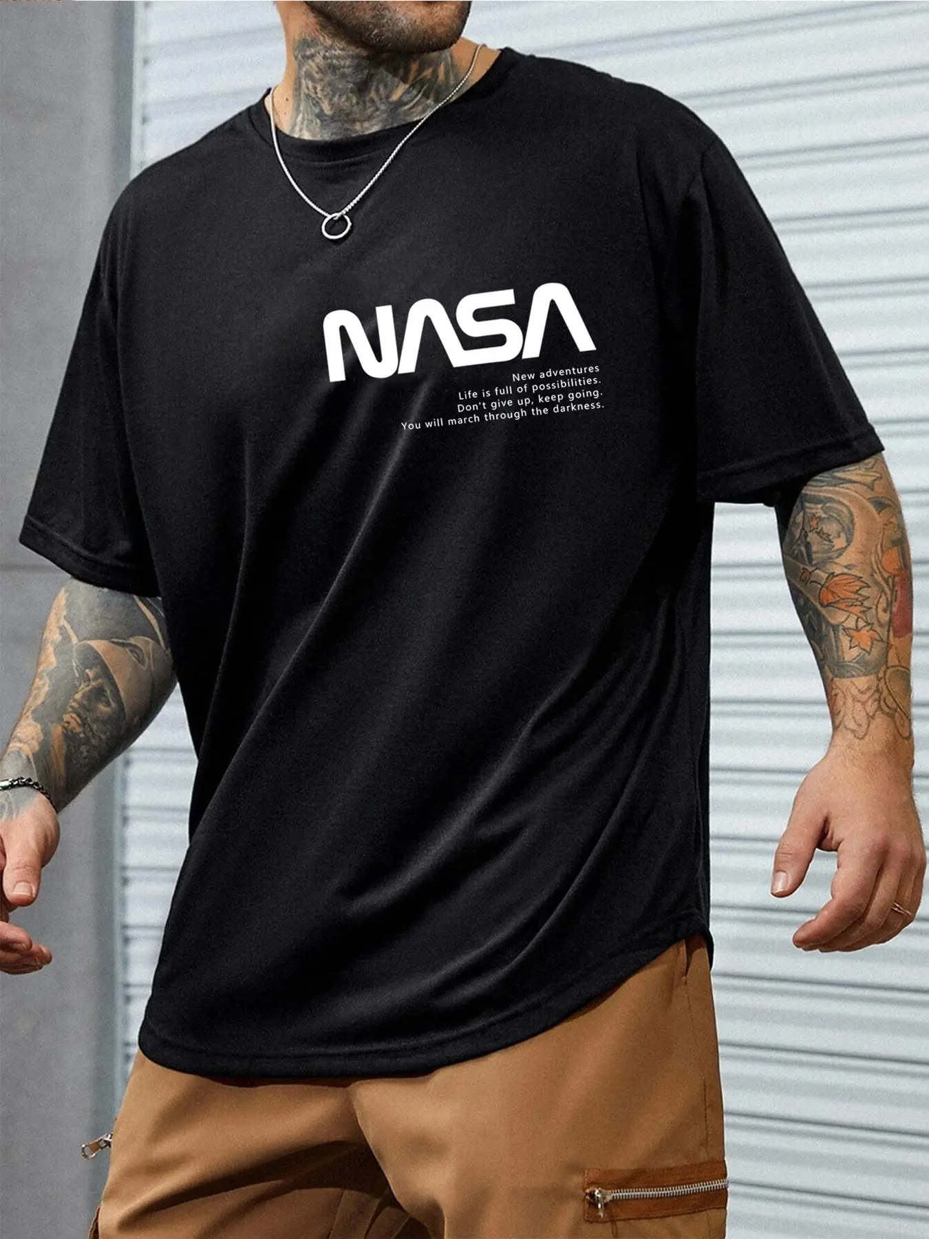 Men's Summer Casual Round Neck Short Sleeve T-Shirt, Nasa Letter Pattern, Fashion Daily Wear, Fitted H-Type Silhouette, Unlined
