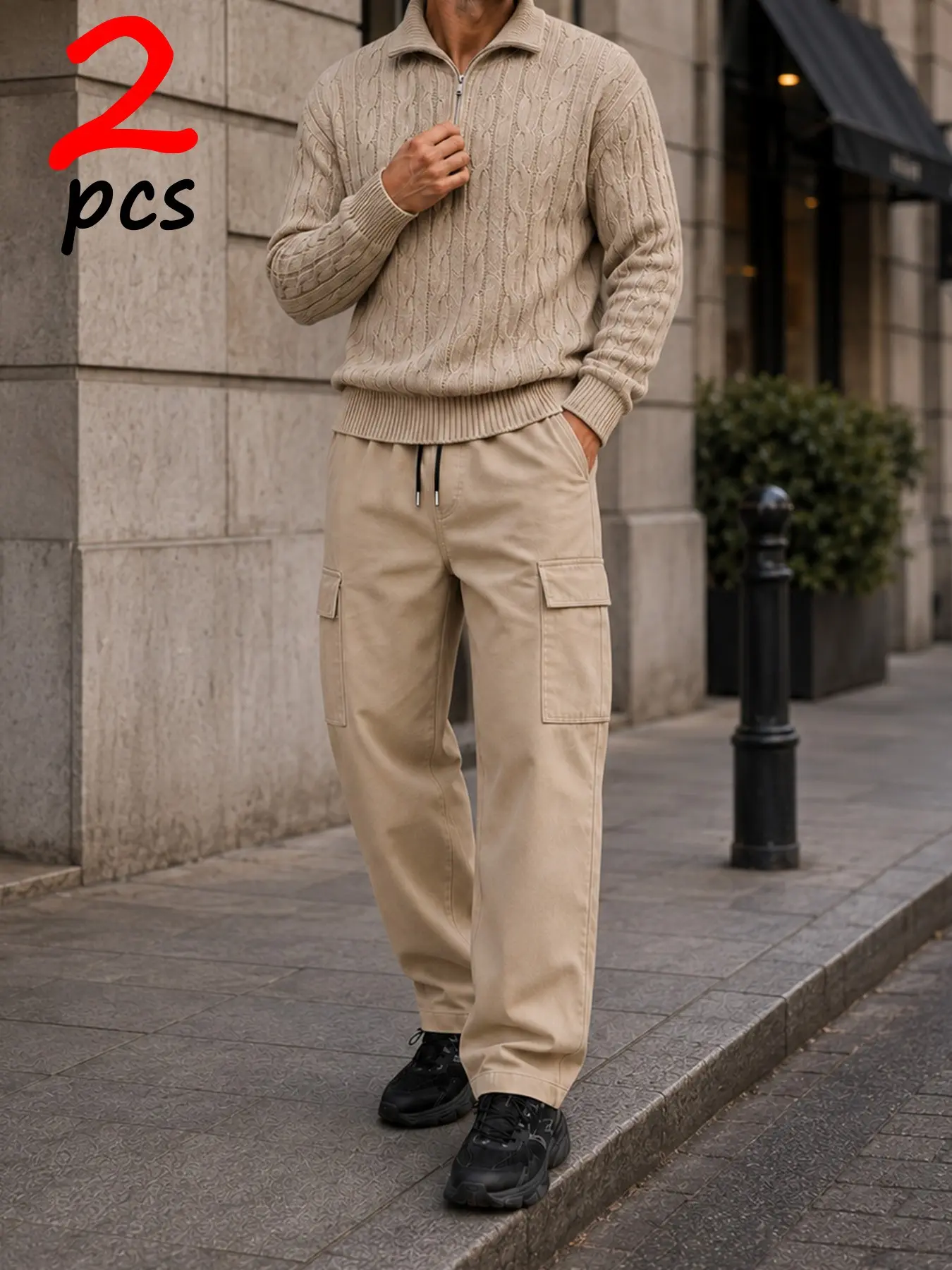 2 Piece Mens Quarter Zip Cable Knit Jumper & Wide Cargo Trousers Co-Ord Set, AFFORDABLE, Casual, Thick Cosy Soft Fabric, Sizes S-XXL Relaxed Comfort Fit, For Young Lads Graduation City Daily Outings, Autumn Winter Urban Smart Streetwear Matching Ou