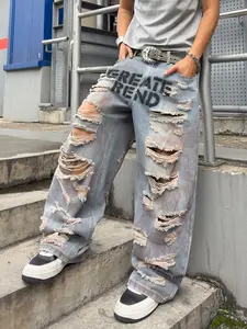 Men's Loose-Fit Baggy Jeans with Distressed Holes and Letter Print, Y2K Street Style Streetwear, All-Season Wear, Multiple Sizes Available
