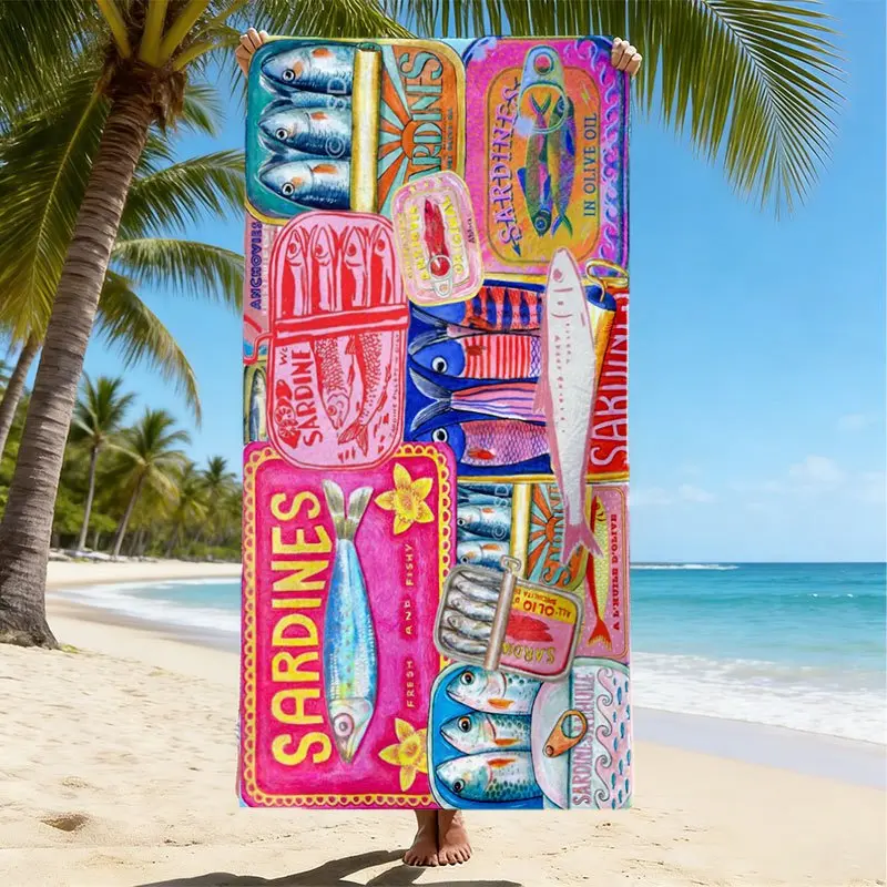 Unisex Absorbent Quick-Dry Microfiber Beach Towel - Retro Sardine Tin Pop Art Colorful Fish Canned Pattern, Sand-Free Lightweight Bath Towel, Poolside Accessory for Beach Lovers, Summer Holiday Gift