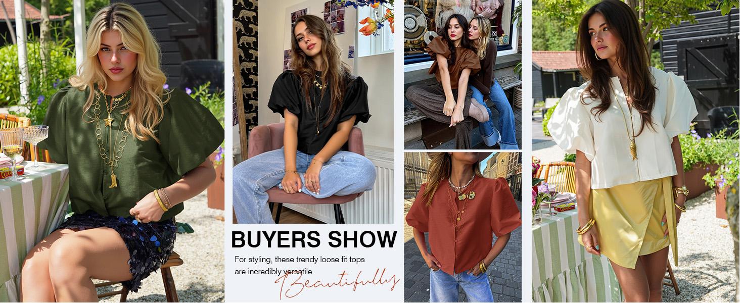 Tankaneo Womens Cropped Tops Puff Sleeve Button Down Shirts Trendy Casual Loose Fit Cute Blouse