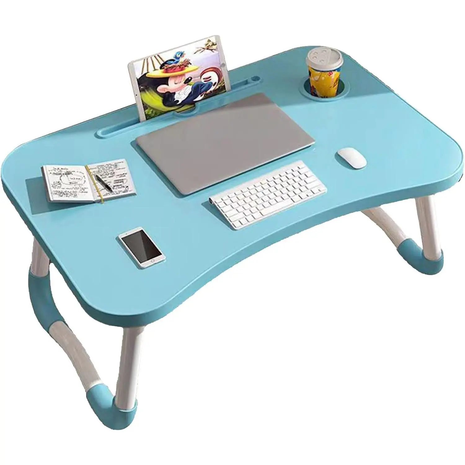 Foldable Overbed Table with Folding Legs - Bed Desk Computer Table for Bed - Mobile Desk Over The Bed Table - Over Bed Desk with Slot - Table for Over Bed Sofa Reading Eating