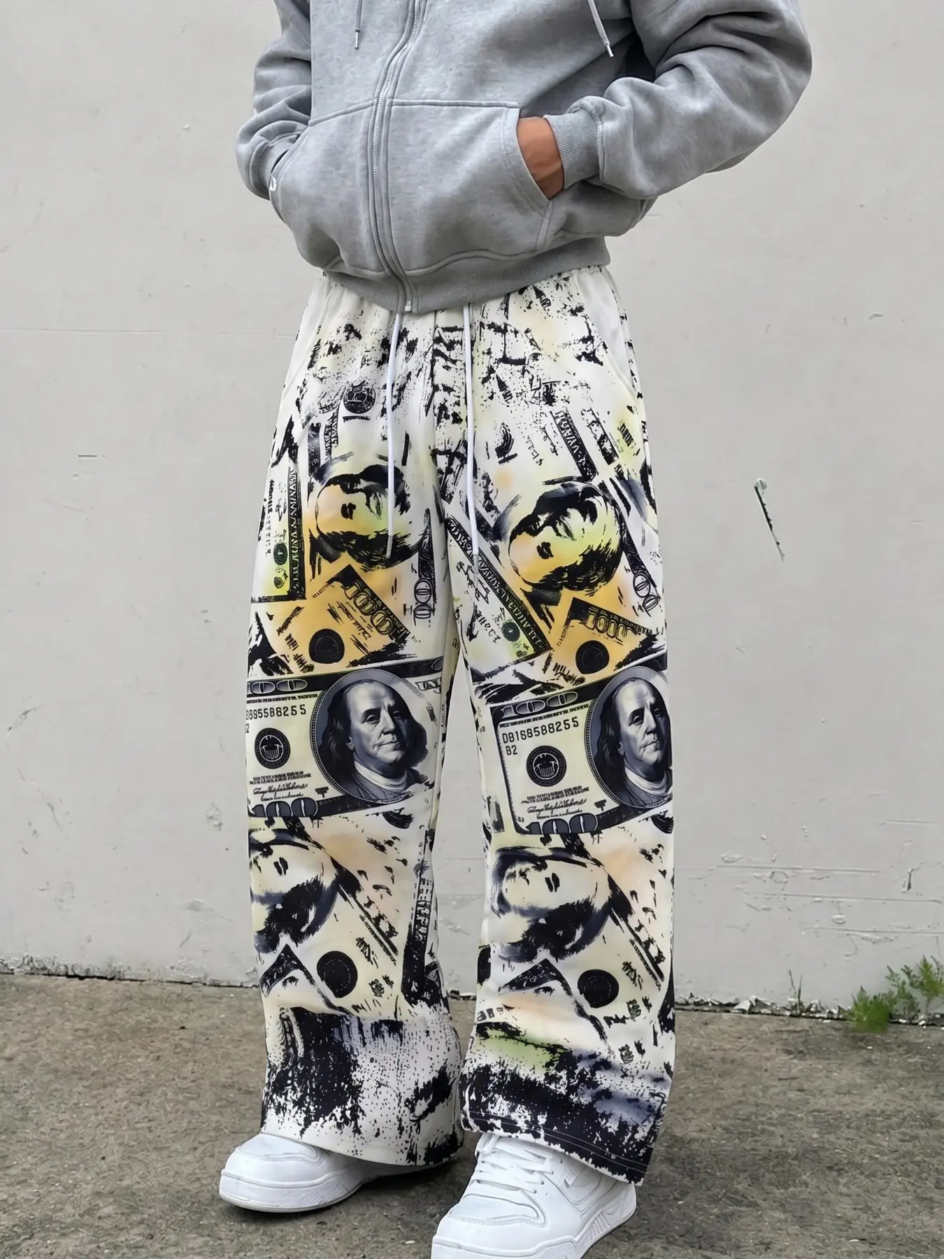 Polyester Men's Streetwear Y2K Hip Hop Money Print Oversized Baggy Sweatpants, Elastic Waist Wide Leg Casual Trousers, Edgy Urban Aesthetic Pants With Drawstring For Daily Street Style & Hip Hop Outfits