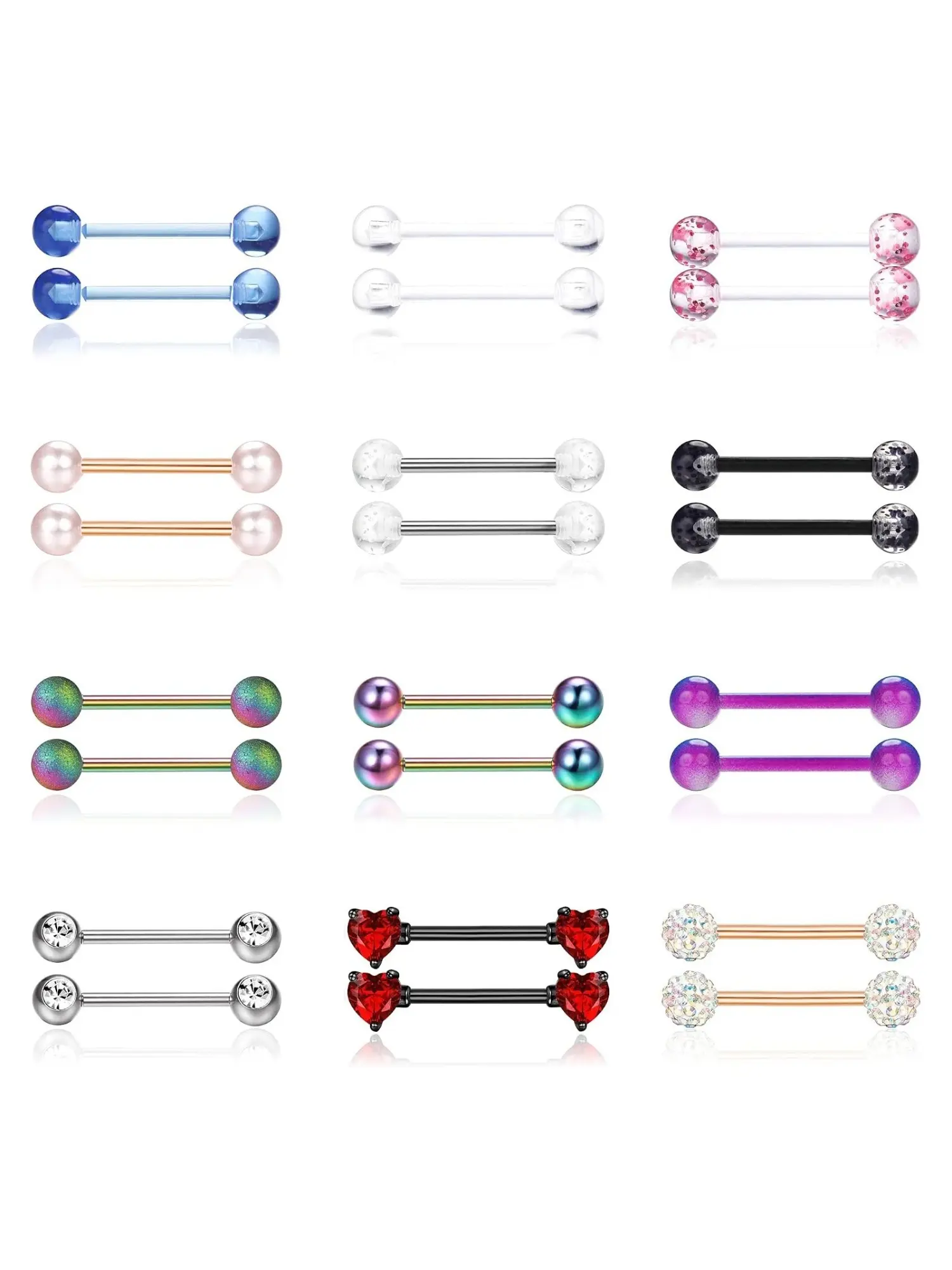 24 Pcs Multi-Colored Straight Barbell Piercing Set Stainless Steel Barbell Piercing Jewelry with Varied Decorative Ends Glitter Epoxy Balls Faux Pearl Threaded Ball Design for Tongue Nipple Ear Cartilage Piercings Vibrant Color Collection for Daily Wear