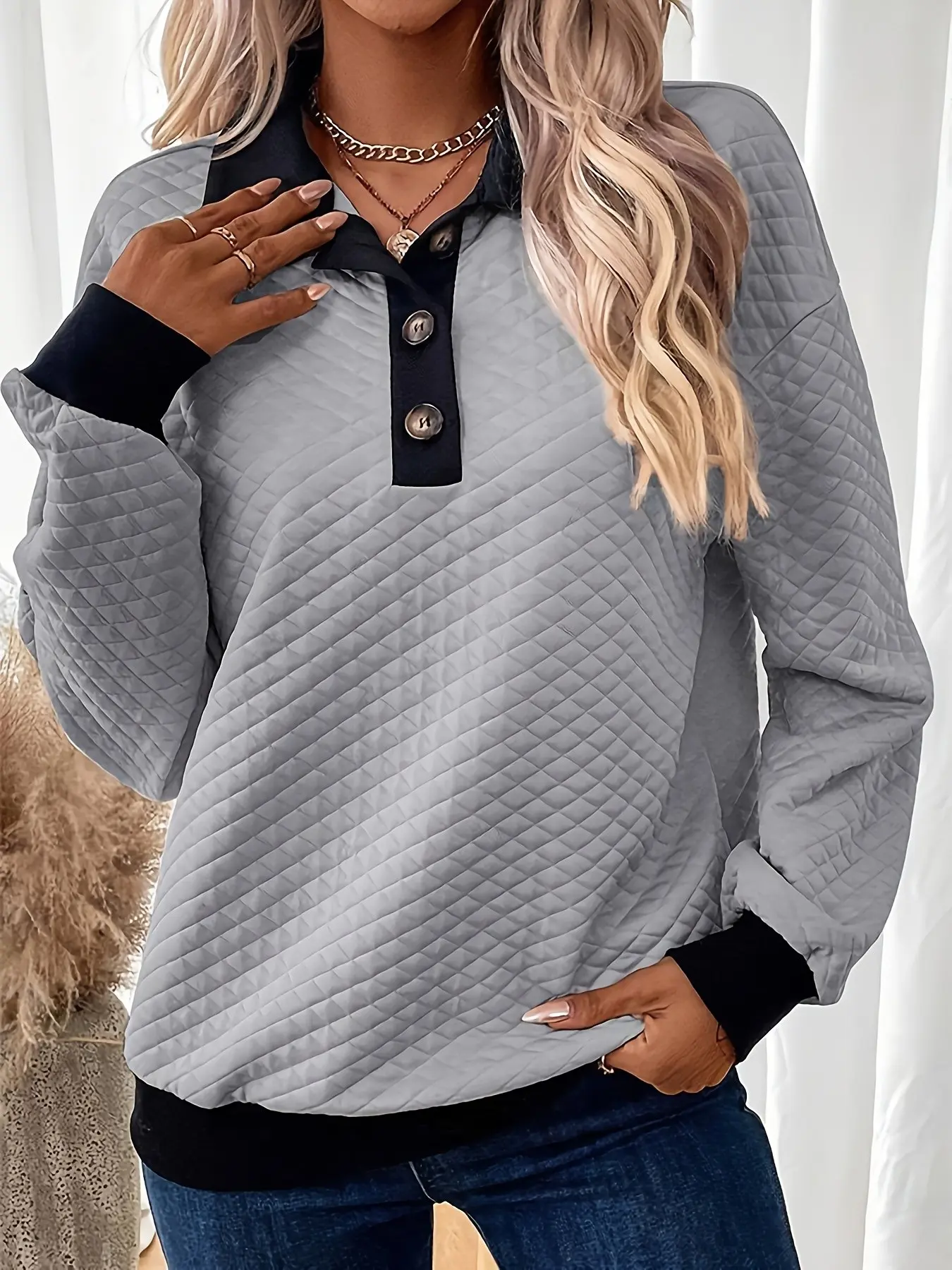 New European and American Fashion Patchwork Button Collar Pullover Sweatshirt for Women, Casual Versatile Knit Top, Trendy Ladies' Clothing