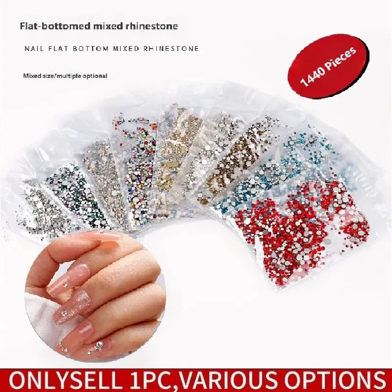 1.4MM-5MM Mixed Size 1440pcs/Bag Round Flatback Rhinestones Multi Colors Crystal Gems Non Hotfix DMC Jewelry Beads, Nail Art Accessories, Nail Art Glass Stones Nail Decal Decorations for Clothes, Bag, Shoes