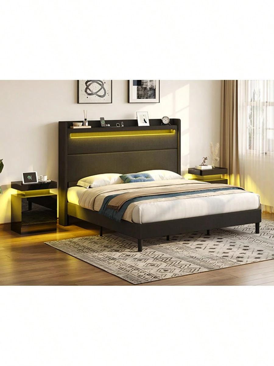 Modern Nightstand Set Of 2 With LED Lights And Charging Station, Side Tables With 2 Drawers And Open Storage Shelf, Stylish End Tables For Bedroom