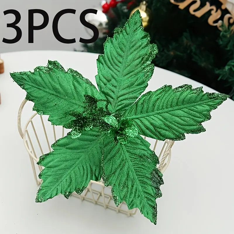 3pcs green Christmas flowers, suitable for sending, 10.23-inch artificial Christmas flowers, with stems, Christmas tree green flower decorations, suitable for Christmas tree garlands, flower festival decorations.