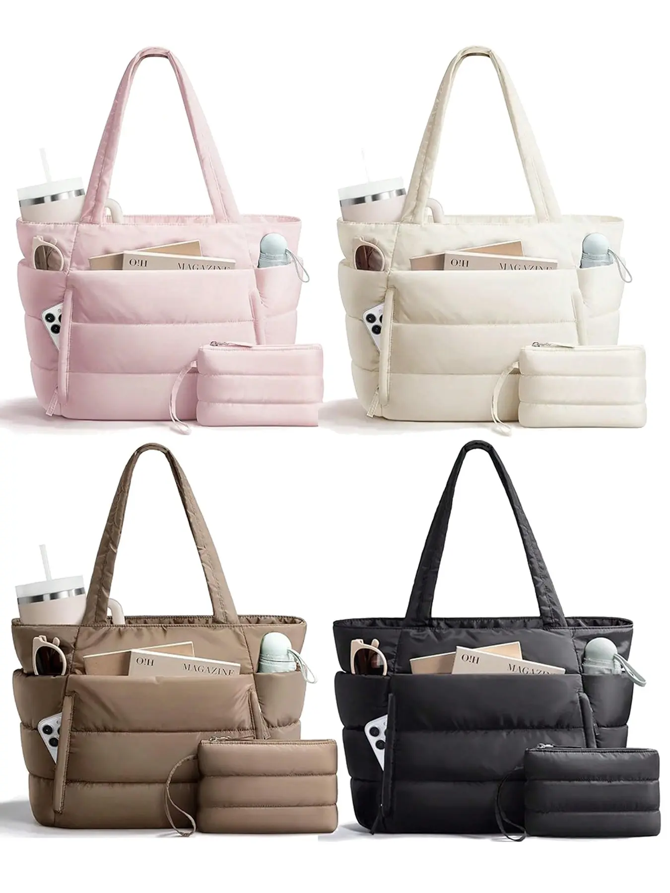 Women's Solid Color Quilted Totebag, Lightweight Puffer Design Shoulder Bag, Casual Trendy Versatile Daily Commuting Bag for Travel & Work & Beach, Quilted Tote Bags
