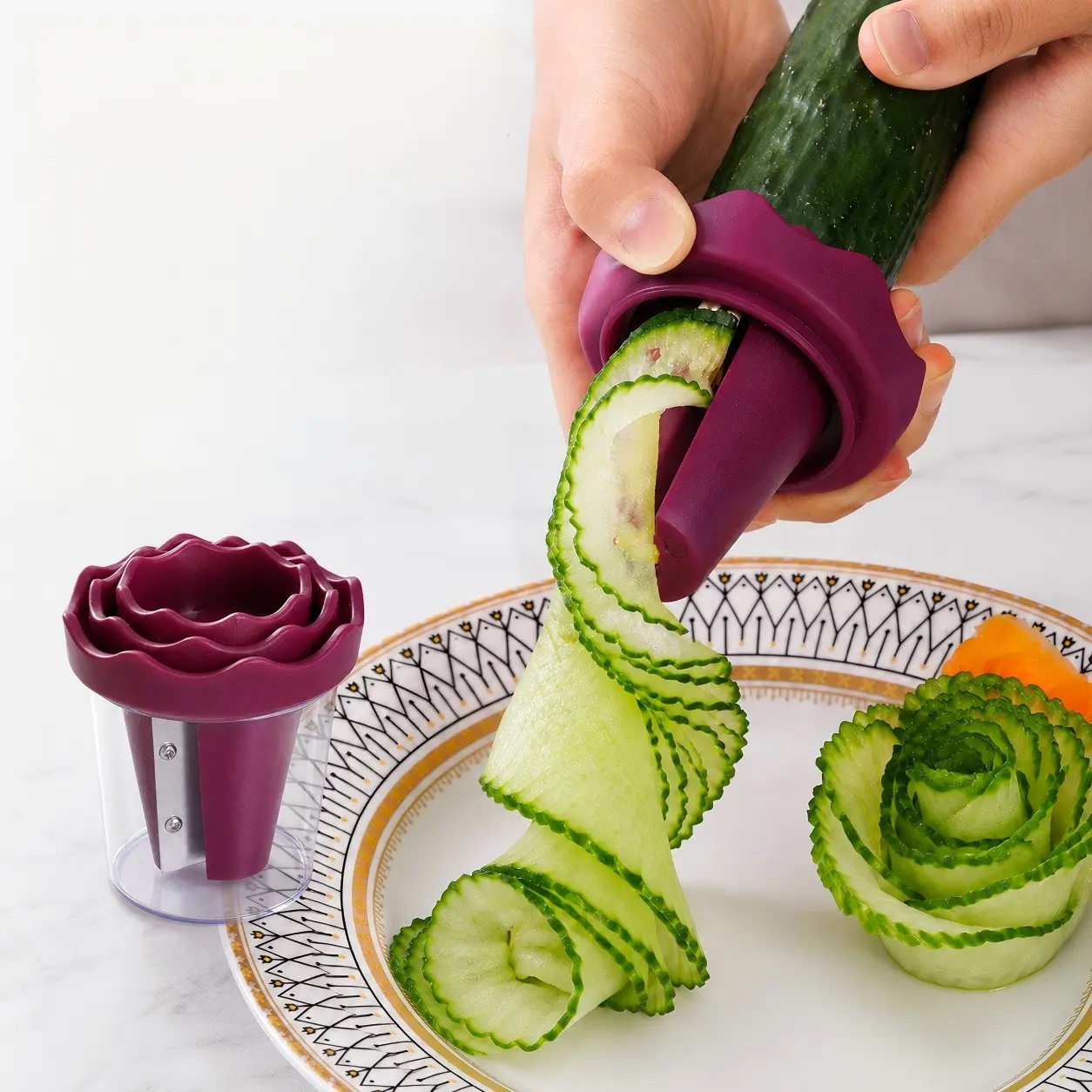 Vegetable Spiralizer & Cucumber Slicer, Easy Flower Shape Garnish Cutter for Cucumbers, Carrots & Zucchini, Creative Kitchen Tool for Salads & Party Food
