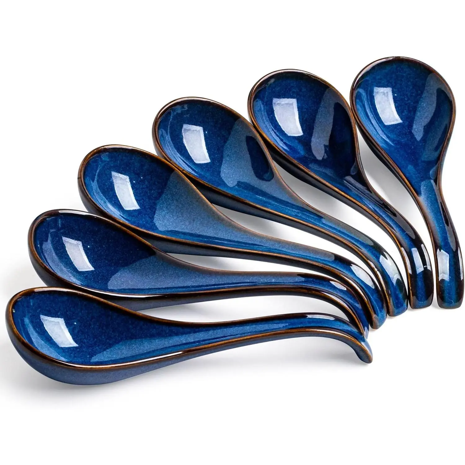 Soup Spoons set of 6, Chinese Deep Soup Spoon - 6.5 inch Ceramic Korean Tablespoons for Ramen, Rice, Noodle, Asian Spoons with Deep Hook Design, Vintage Blue