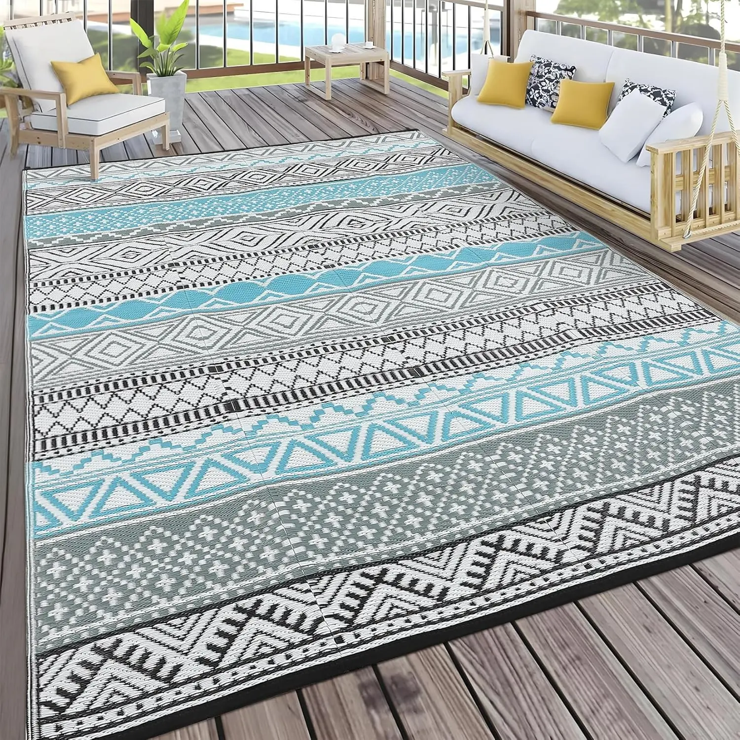 Outdoor Rug for Patios 10x20 Waterproof Clearance Reversible Patio Mat Plastic Straw Rug RV Camping Mat Outside Area Rugs Carpet for Camping RV Porch Deck Balcony Camper, Blue&Grey