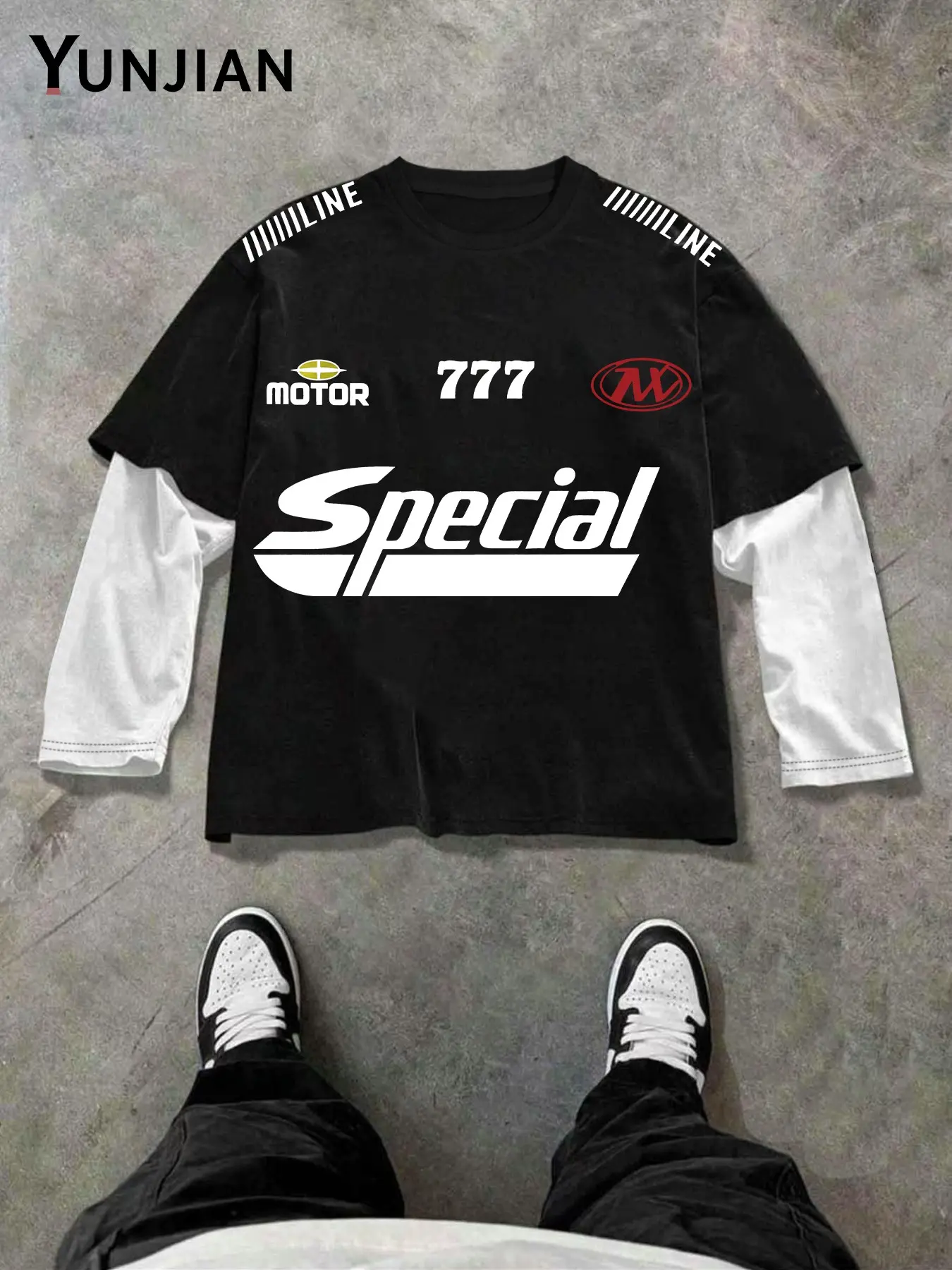 Men's Retro Motorcycle Style Layered Long Sleeve T-Shirt, Soft Breathable Fake Two-Piece Racing Print Top, Casual Fall Fashion