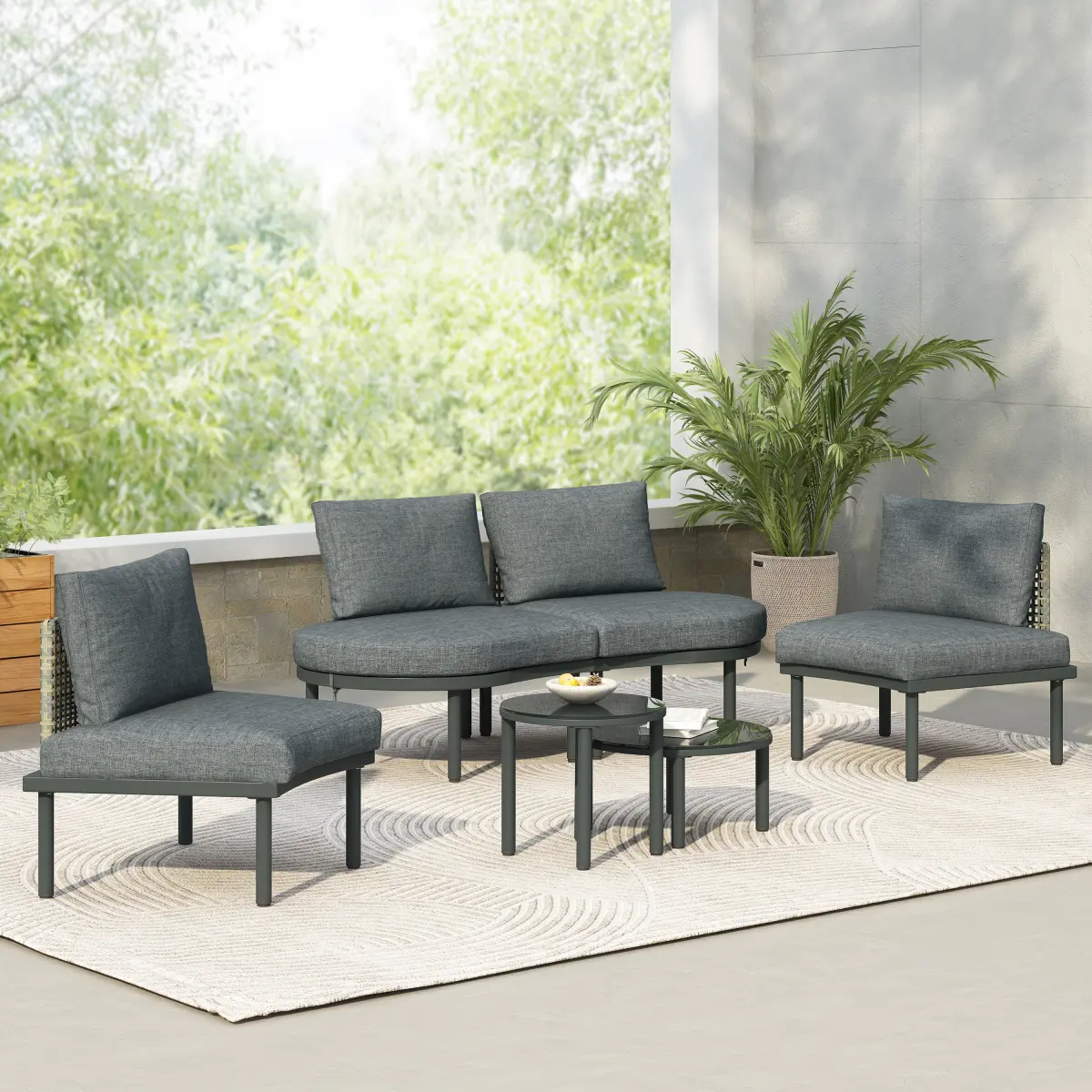 AobtkelTOPMAX 6-Piece Patio Sofa Furniture Set, Half Moon Outdoor Sectional Sofa with 2 High-Low Coffee Tables, PE Wicker Rattan, Tempered Glass, 4 Pillows & Cushions, for Backyard, Garden, Poolside,Gray   WL RR