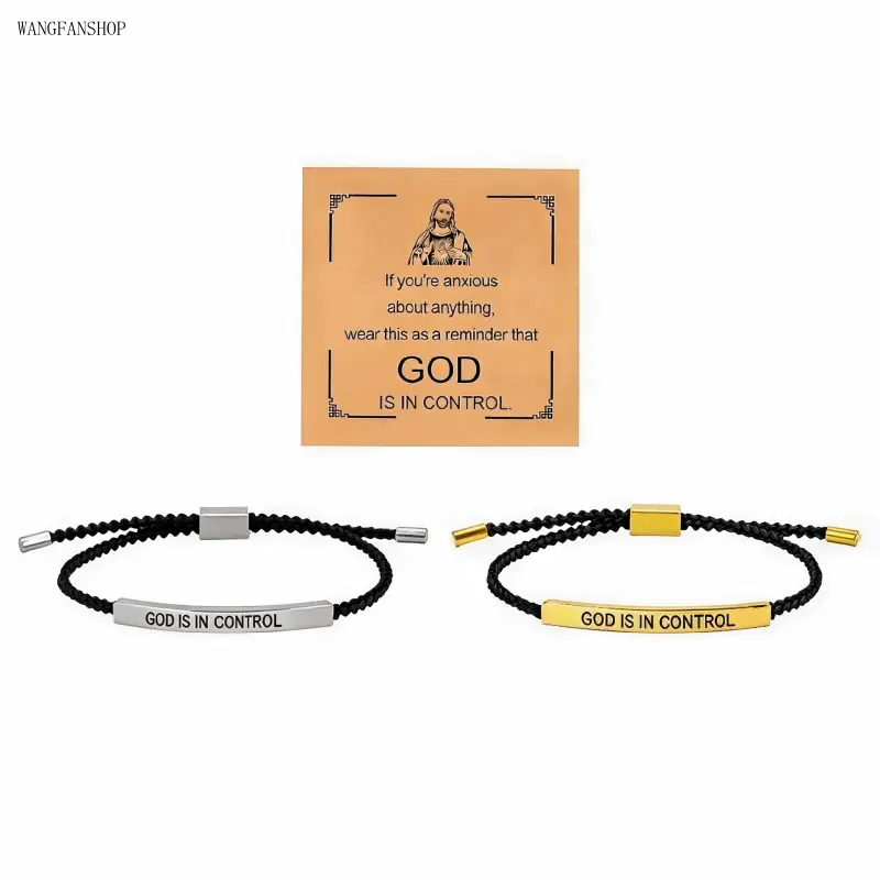 Trending Minimal Spiritual Braided Bracelet, GOD IS IN CONTROL Engraved Stainless Steel Adjustable Wristband With Encouragement Card, Anti-Anxiety Religious Jewelry for Church Date Holiday Weekend Daily Casual Looks