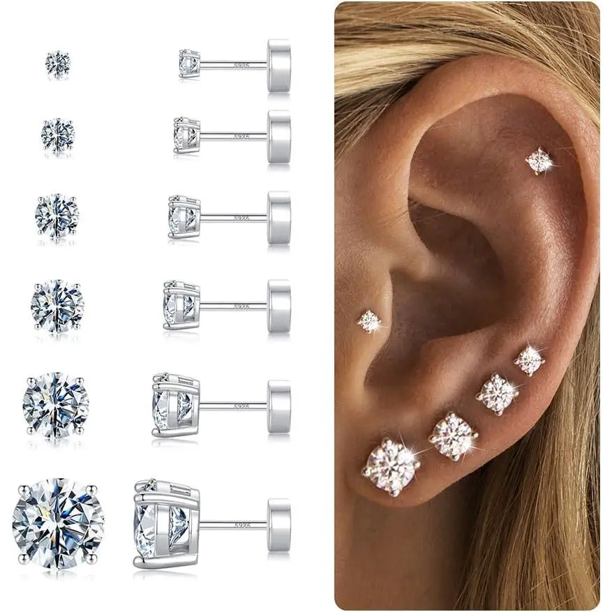 6 Pairs  -Plated Flat  Earrings for Women,Stud Cartilage Earrings for  Ears Cubic Zirconia Ball Earring Screw  Helix Conch  Sets Trendy  Gifts