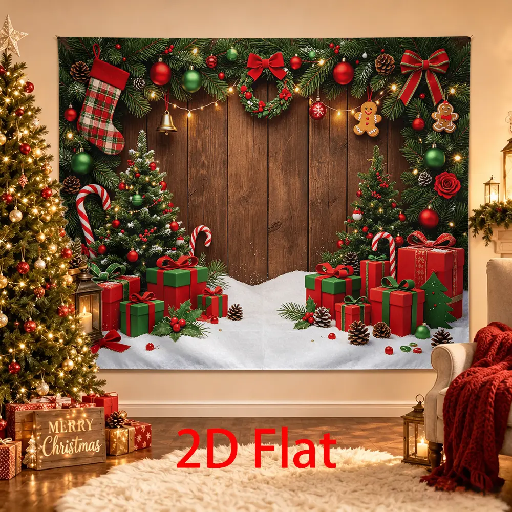Rustic Christmas Backdrop, Wood Holiday Photography Background with Red Green Gifts, Plaid Stocking, Gingerbread Cookies, Candy Canes and Trees