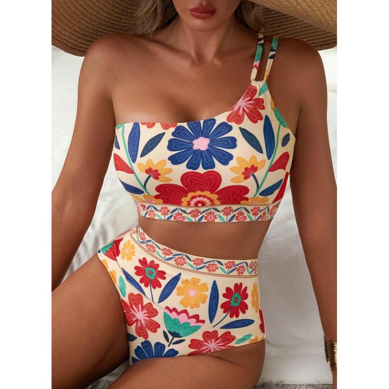 "Floral One-Shoulder Bikini Set - Vibrant High-Waist Swimwear for Summer"