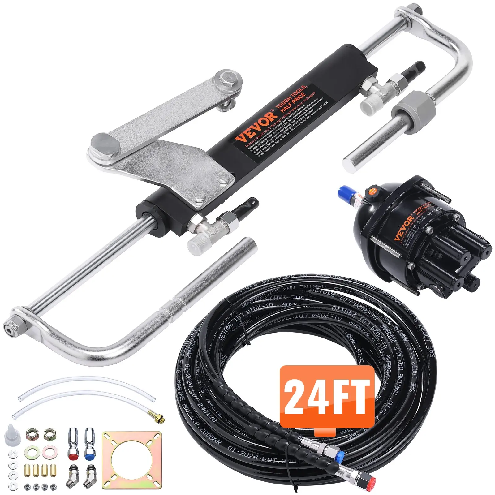 【Summerfinds】VEVOR Hydraulic Outboard Steering Kit, 90HP, Marine Boat Hydraulic Steering System, with Helm Pump Two-Way Lock Cylinder and 24 Feet Hydraulic Steering Hose, for Single Station Single-Engine Boats