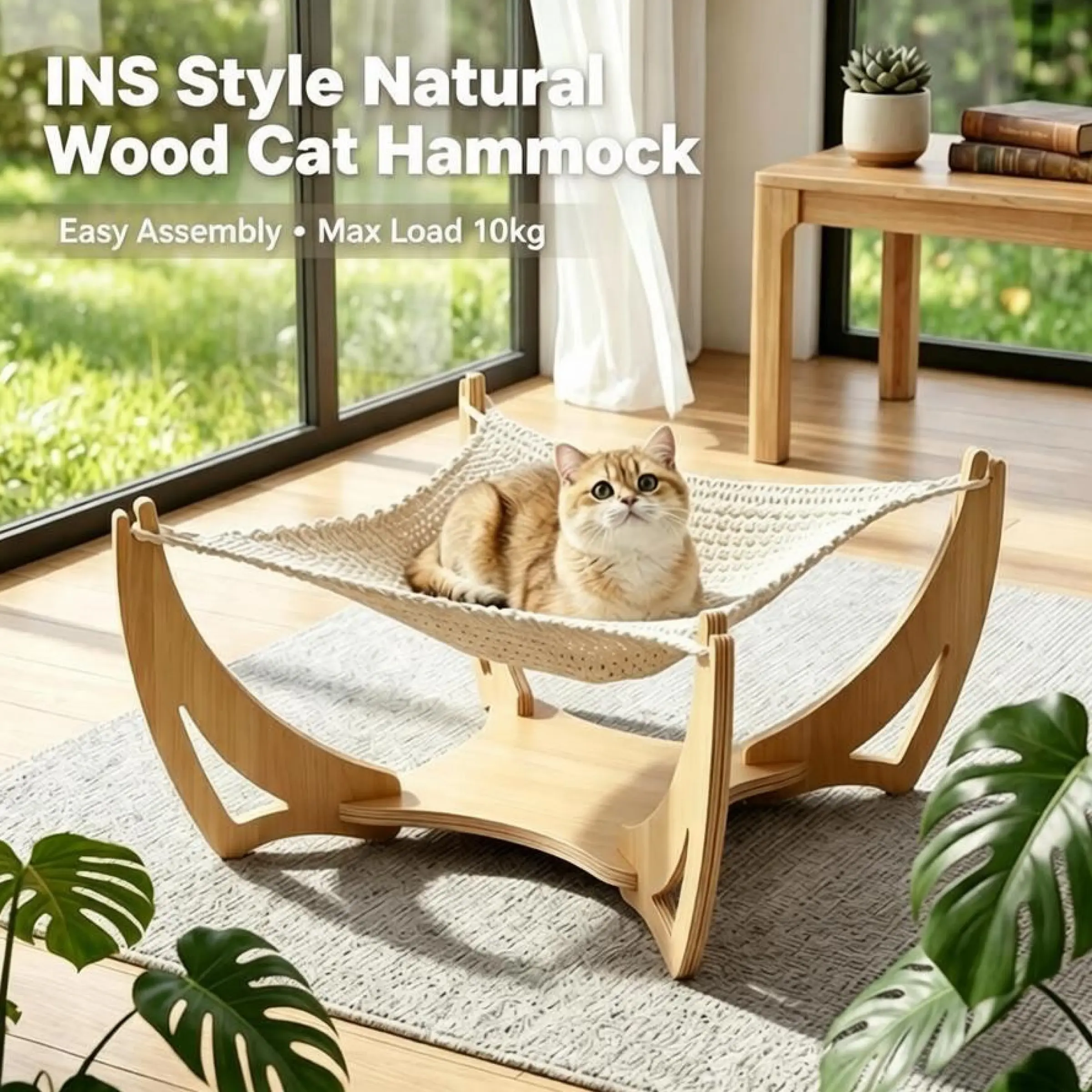 INS Style Natural Wood Cat Hammock, Handwoven Breathable Bed Surface, Easy Installation, All-Season Cat Furniture, Exclusive for Cats