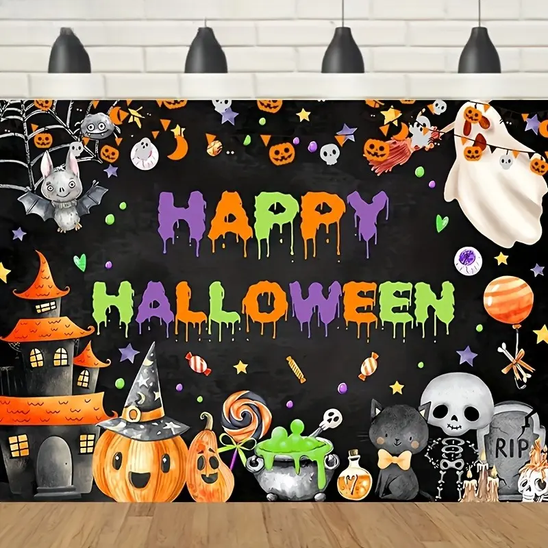 Halloween Polyester Party Banner - Lightweight, Printed Ghosts/Pumpkins/Bats Design, Black Background, Purple Lettering, Backdrop for Photo Booth & Haunted House Home Decor Tapestry, Print, Room