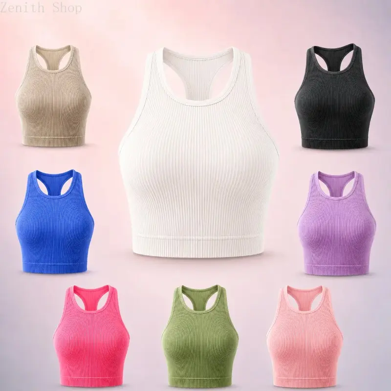 Women Ribbed Seamless Racerback Tank Top Slim Fit Backless Crop Top Yoga Workout Fitness Casual Sports Activewear