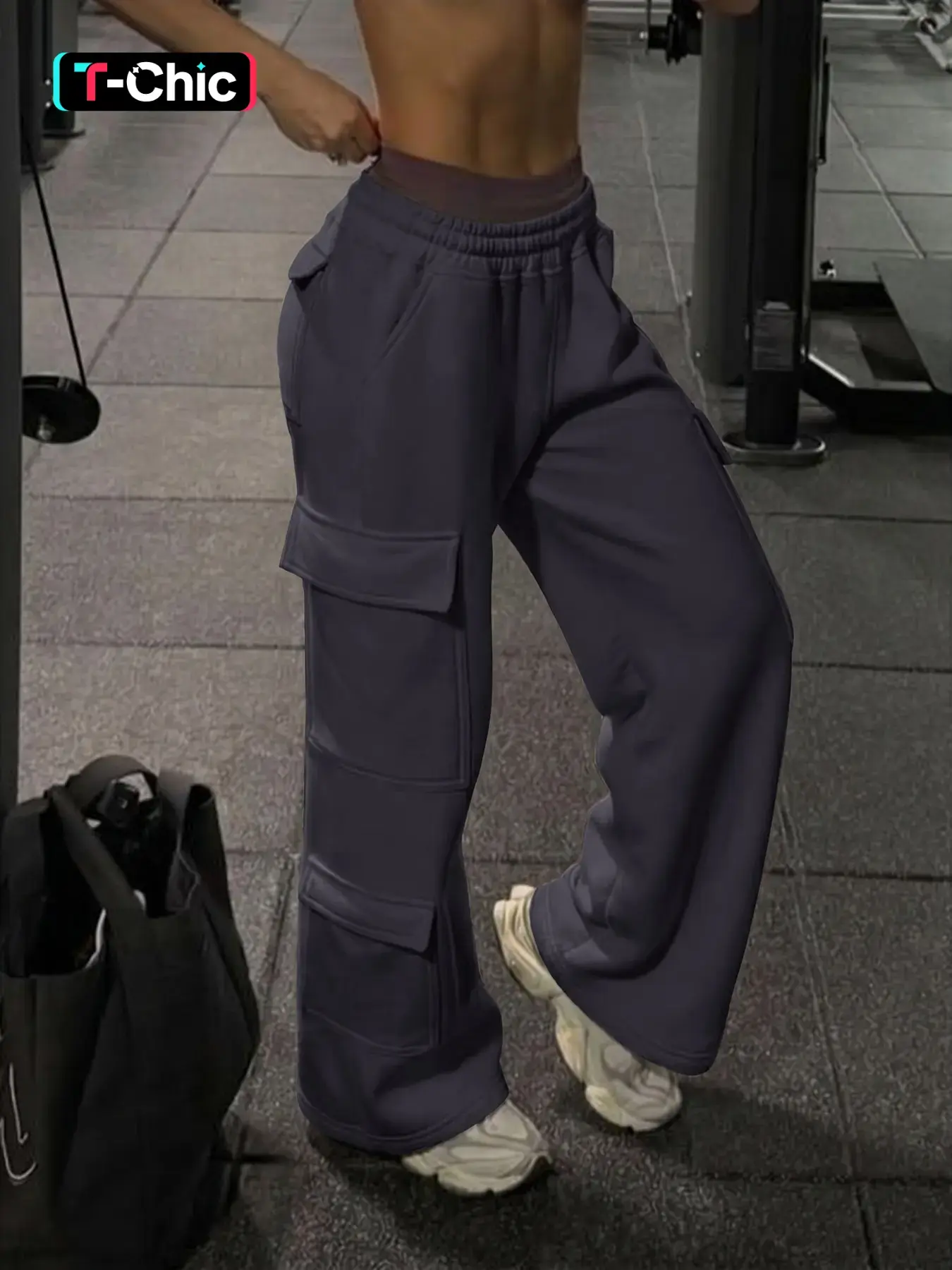 Dark Grey Cargo Sweatpants Women Wide Leg Baggy Joggers High Waist Elastic Waist Pocket Pants Y2K Streetwear Gym Workout Casual Lounge Pants Oversized Trendy Fashion