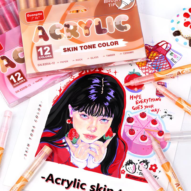 Skin Tone & Macaron Colors Acrylic Paint Markers, Brush Tip Set for Paper, Wood, Rock, Glass, Plastic, Metal, Canvas, Anime Painting, Art Marker Pen